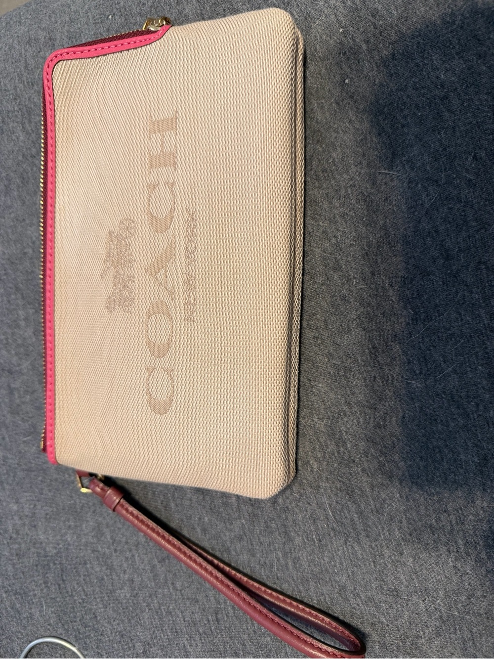 Coach Beige Canvas Wristlet with Pink Trim and Burgundy Strap